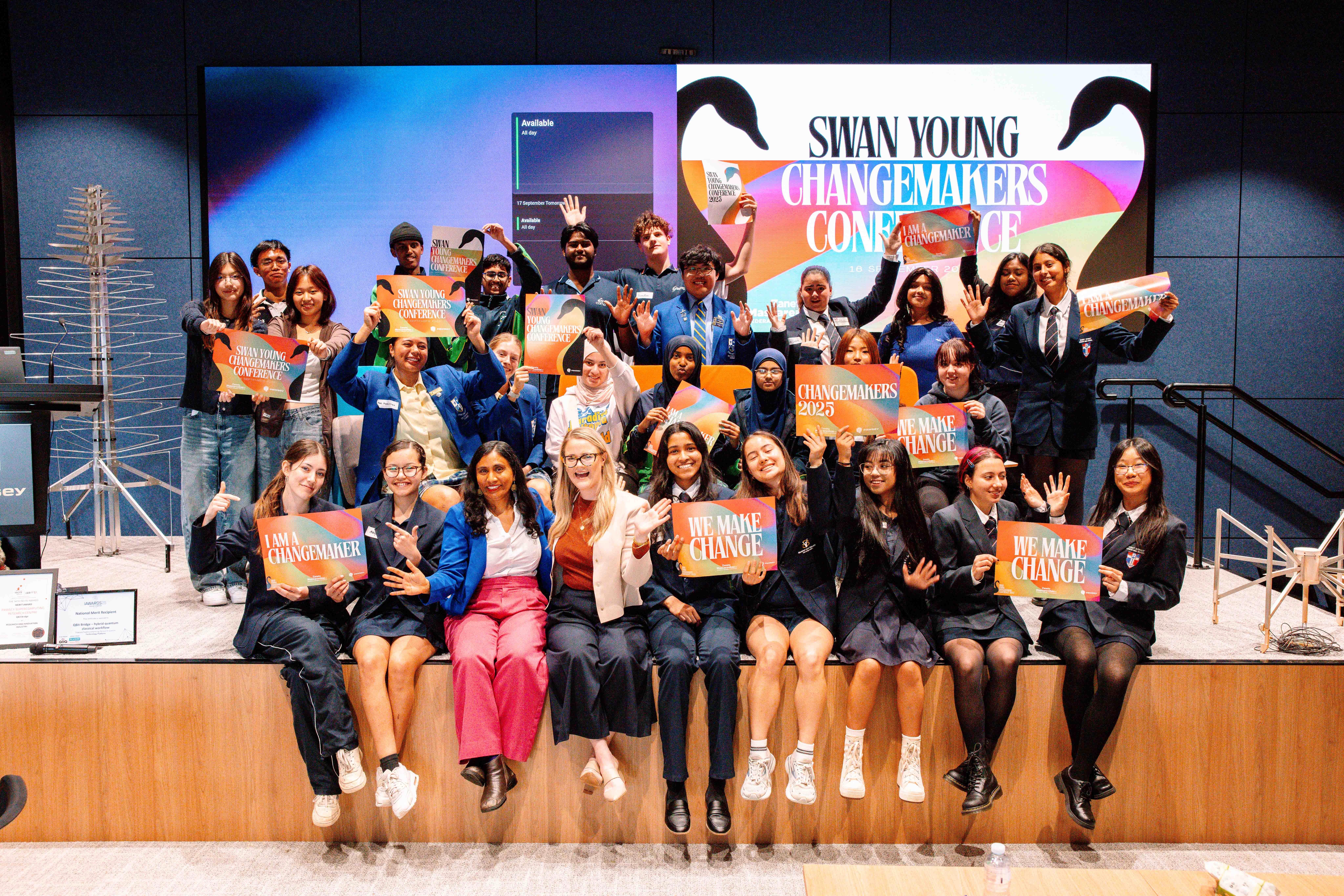 Swan Young Changemakers Conference participants at Pawsey Supercomputing Research Centre with Zaneta Mascarenhas MP, Federal Member for Swan and Senator Ellie Whiteaker, Senator for Western Australia.